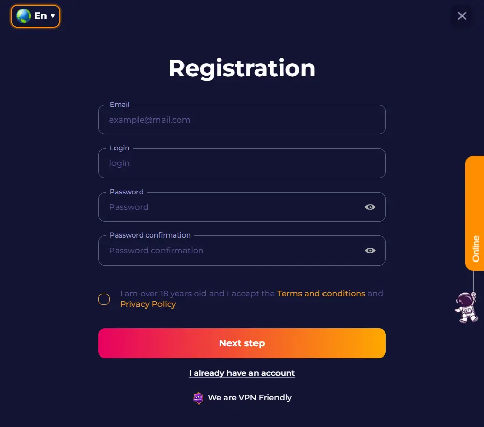 CosmicSlot Casino registration form. Write your login,email, password. VPN friendly